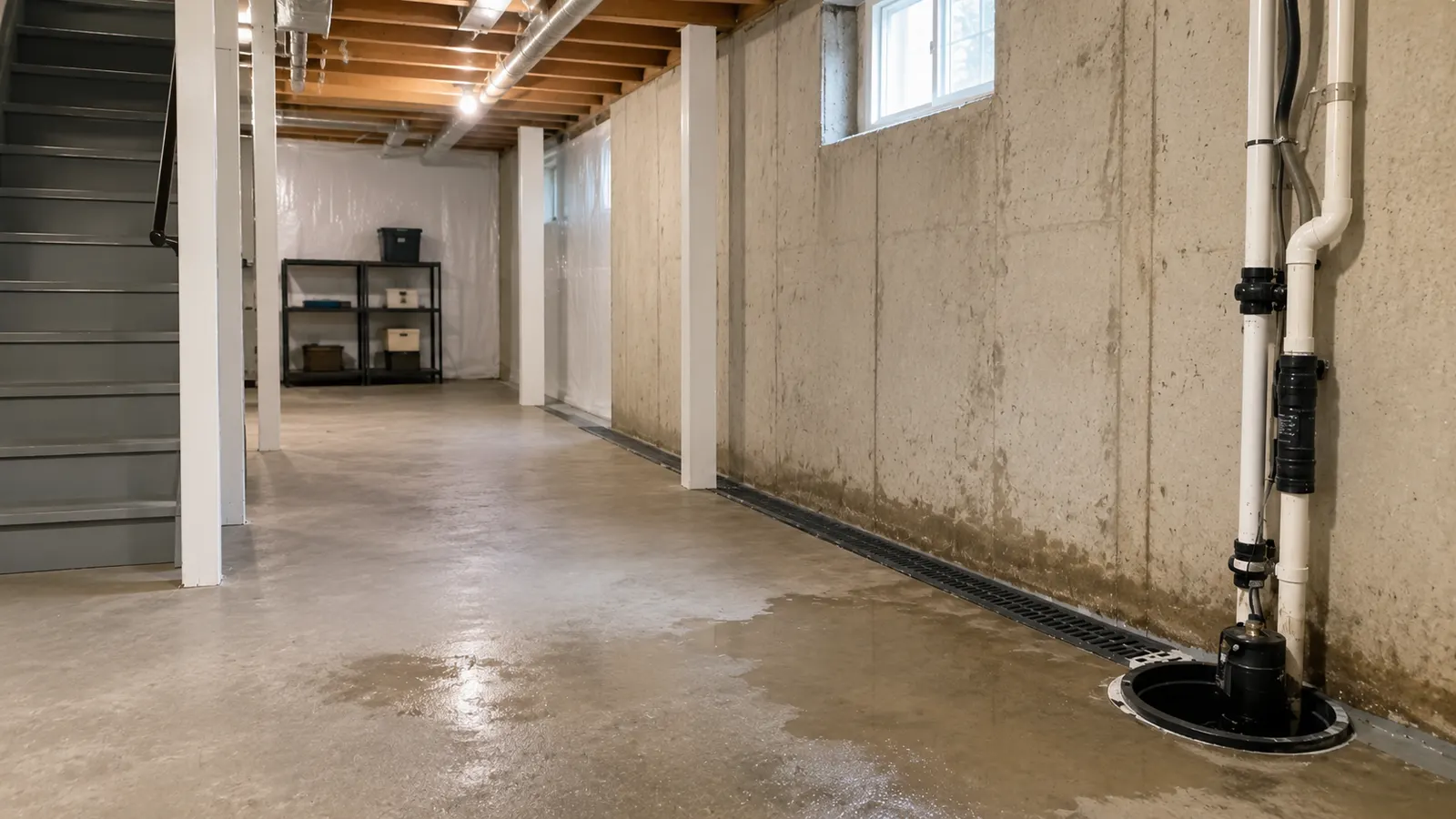 Interior basement drainage channel and sump pump pit in a Nashville area home