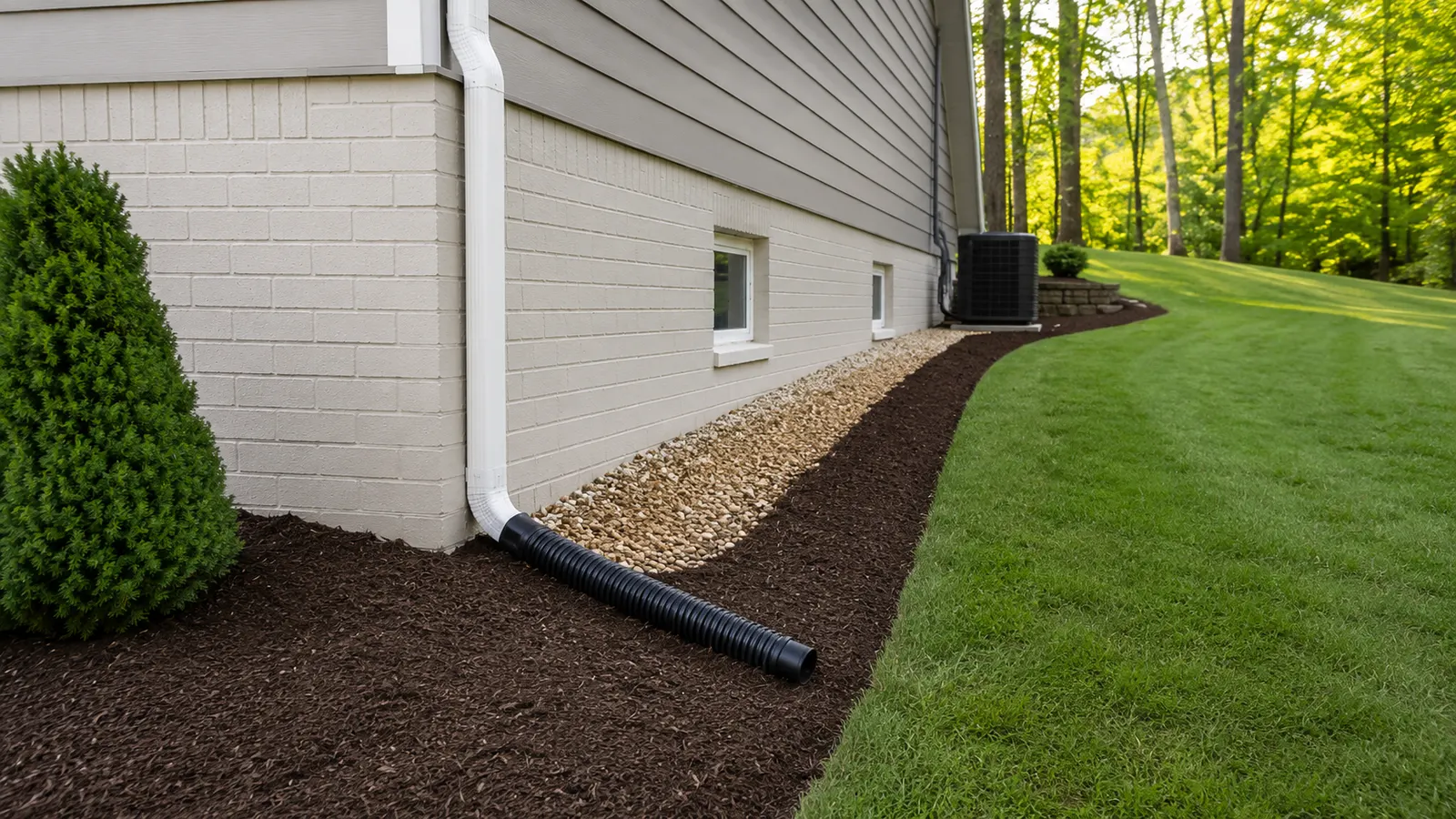Exterior foundation drainage and downspout extension along a home foundation