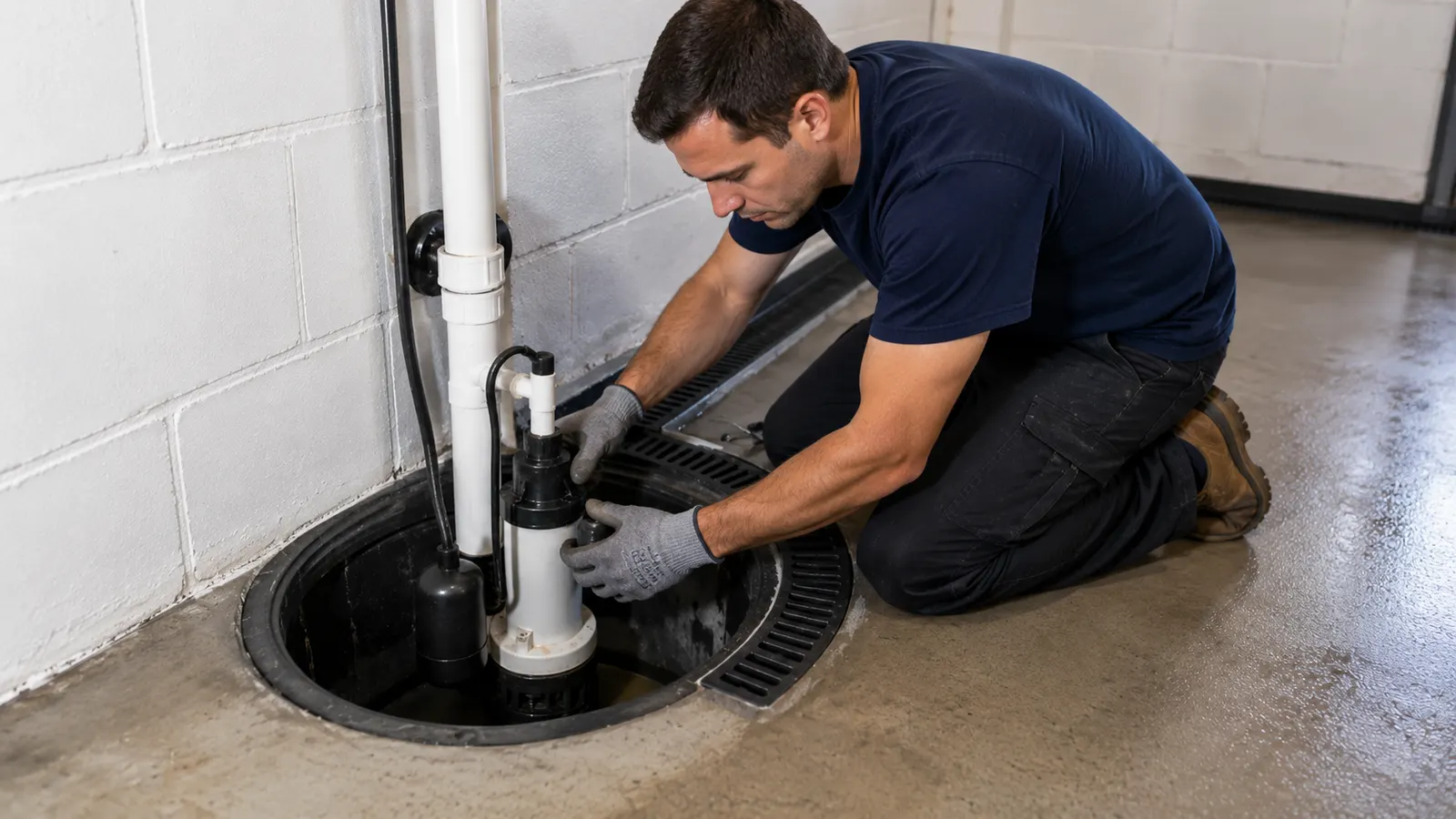 Sump pump installation being performed in a basement sump pit